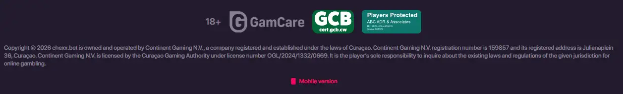 CHEXX official footer showing operator and Curaçao licence details
