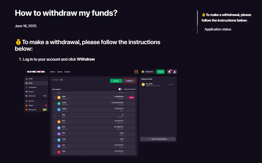 CHEXX withdrawal interface showing crypto cashout controls