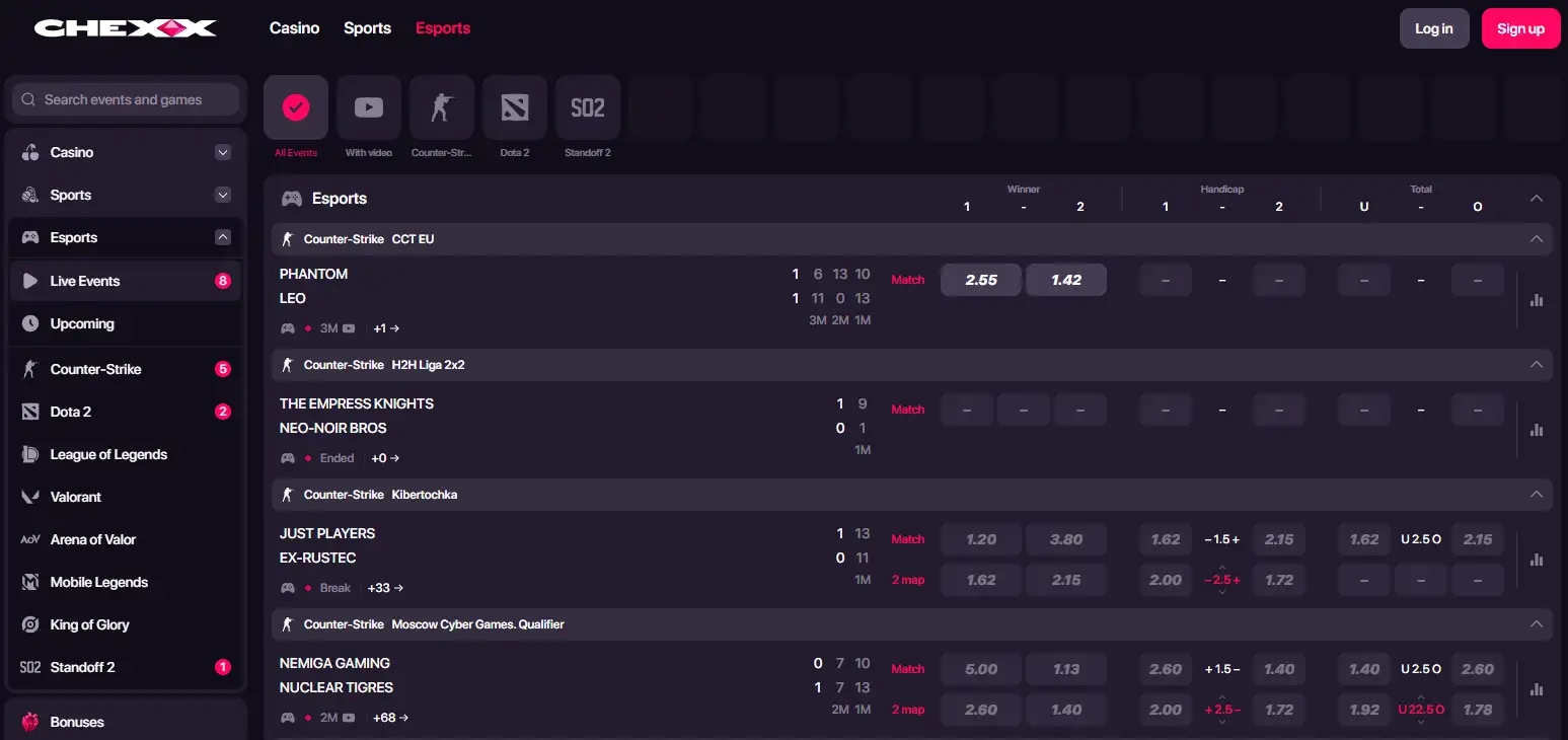 Current CHEXX esports interface or official page showing real esports betting content