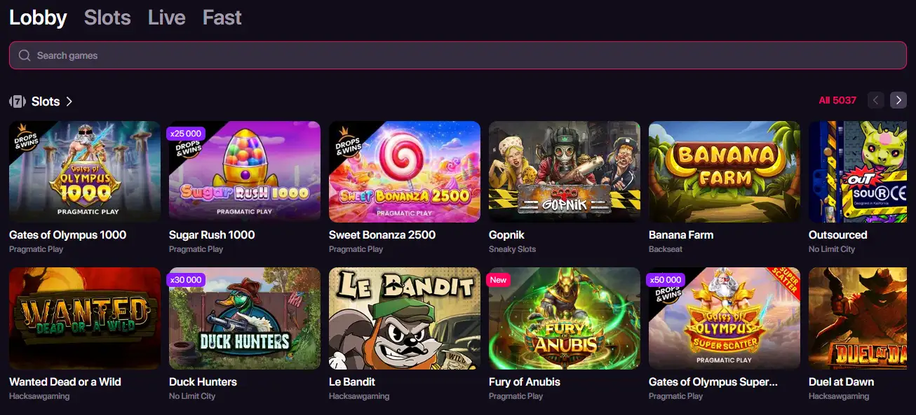 Current CHEXX casino interface showing the real games catalogue and category navigation
