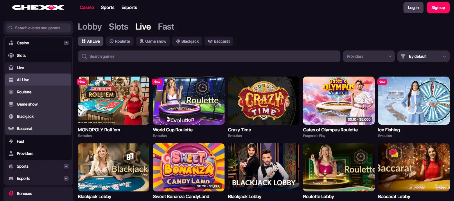 Current CHEXX live casino interface showing real tables and live-game categories