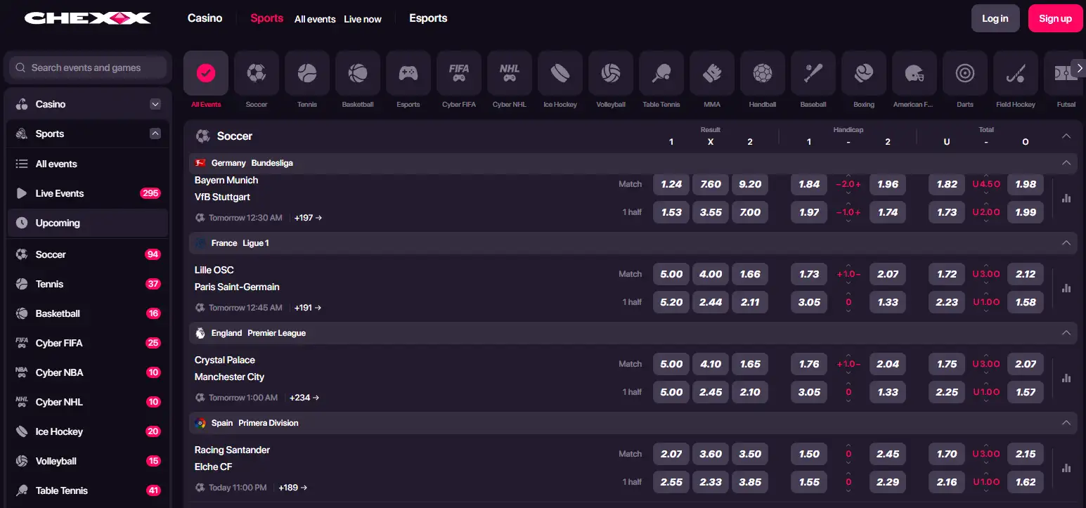 Current CHEXX sportsbook interface showing real sports markets and navigation